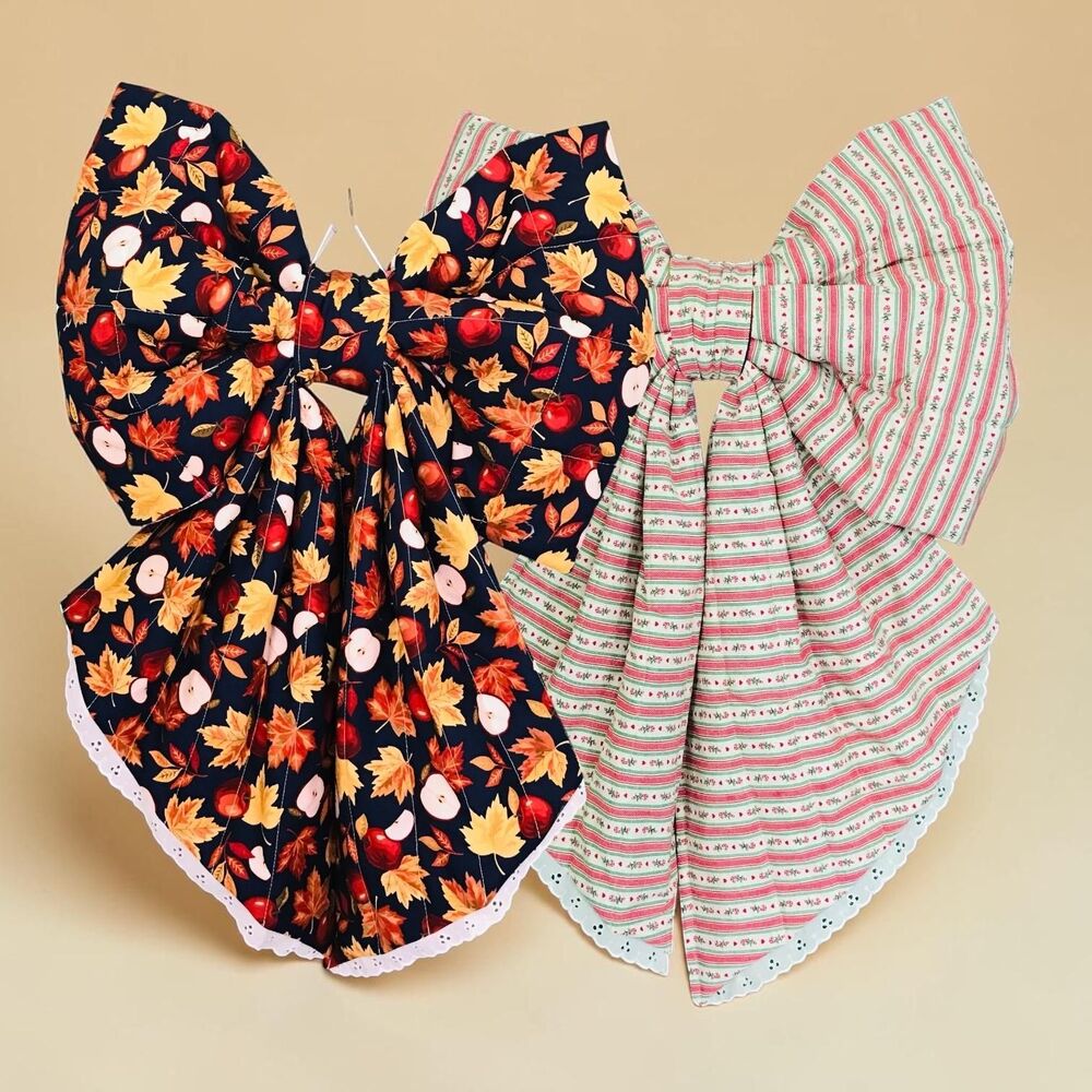Reversible! 2 Seasons in One, Christmas and Fall, Large Quilted Door Bow Cottage
